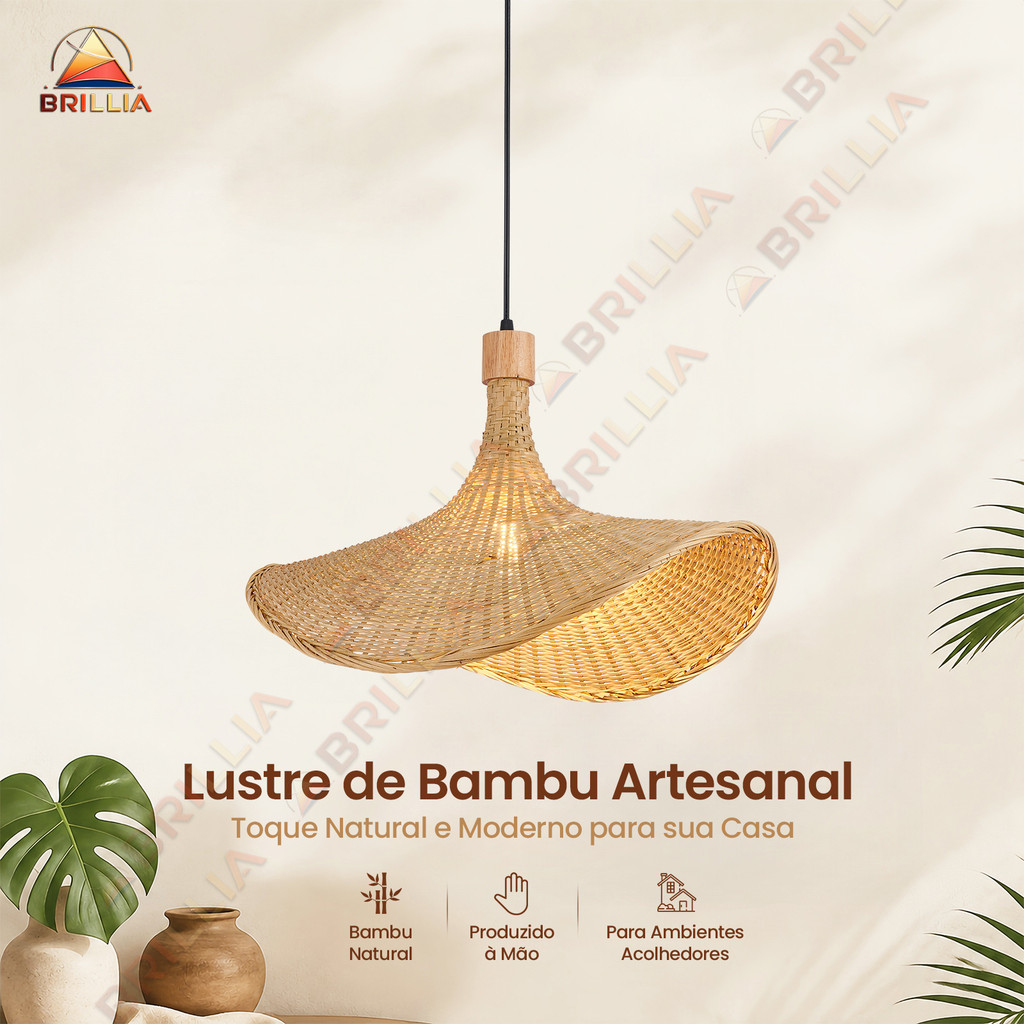 Luminária de Teto Rattan Natural Bambu Artesanal Decoração Boho Sala Quarto Varanda Gourmet E27