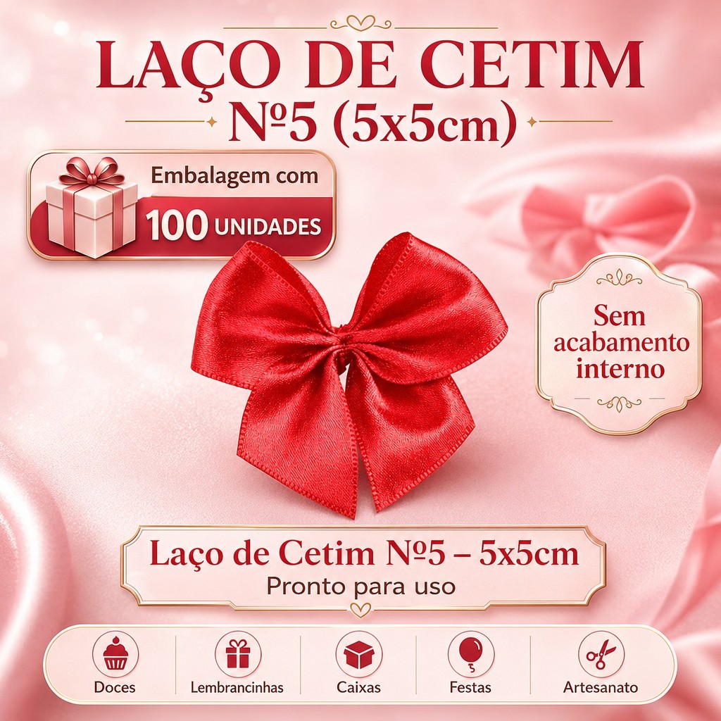 Laço de Cetim Nº 5 (5x5cm) – 100 Unid | Decorativo p/ Doces, Caixas, Lembrancinhas e Festas