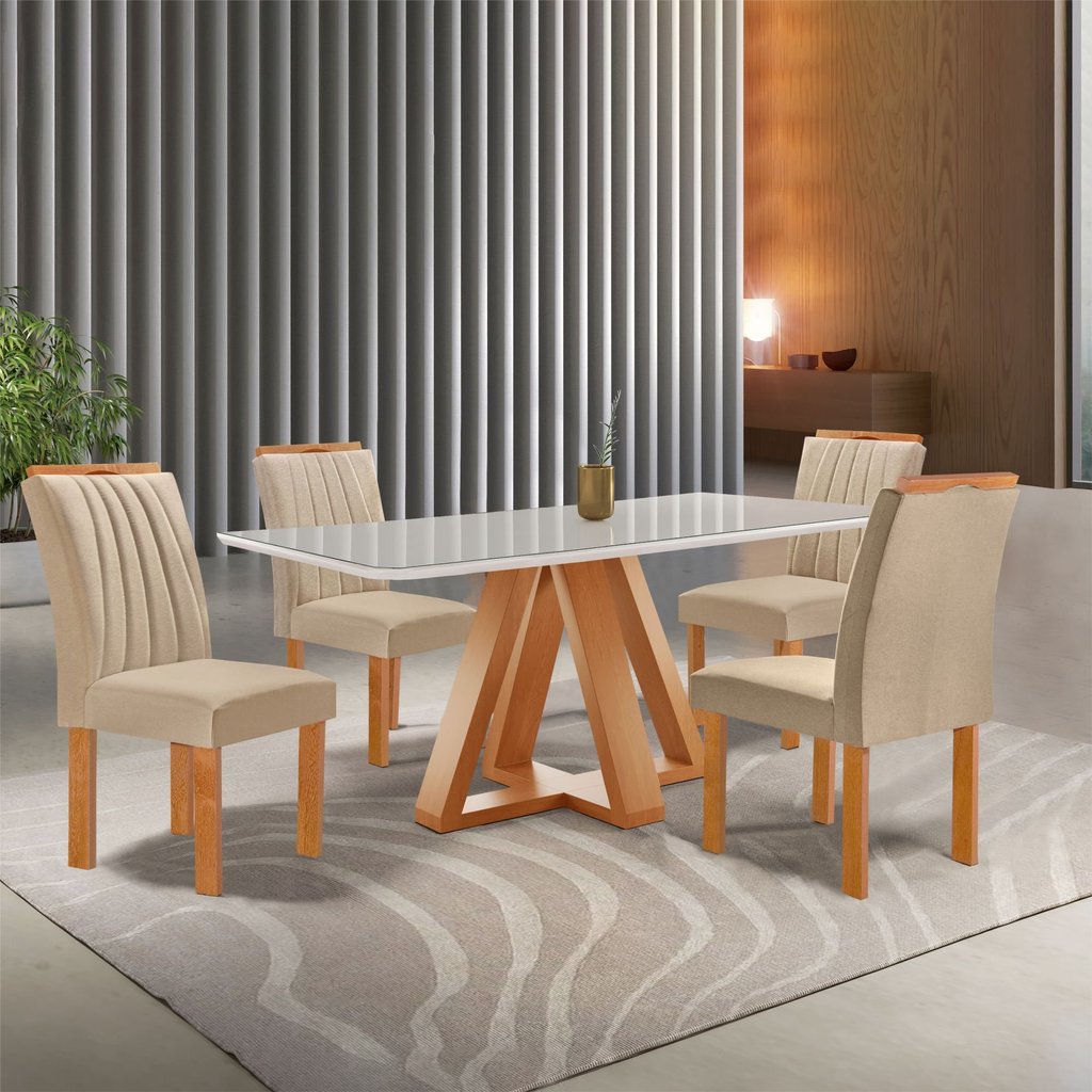Conjunto Mesa Tampo Smart Plus Vidro Kyra 120CMX90CM 4 Cadeiras Arizona Cinamomo/Off White/Linho