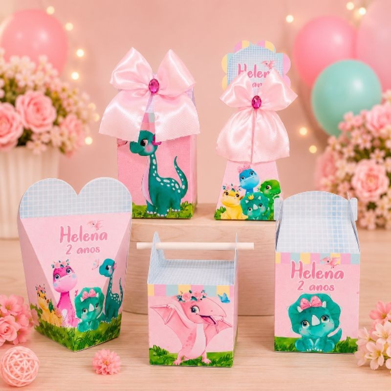 kit caixas  Dinossauro rosa menina PEGUE E MONTE personalizada l/lembrancinha pra festa/festa infantil