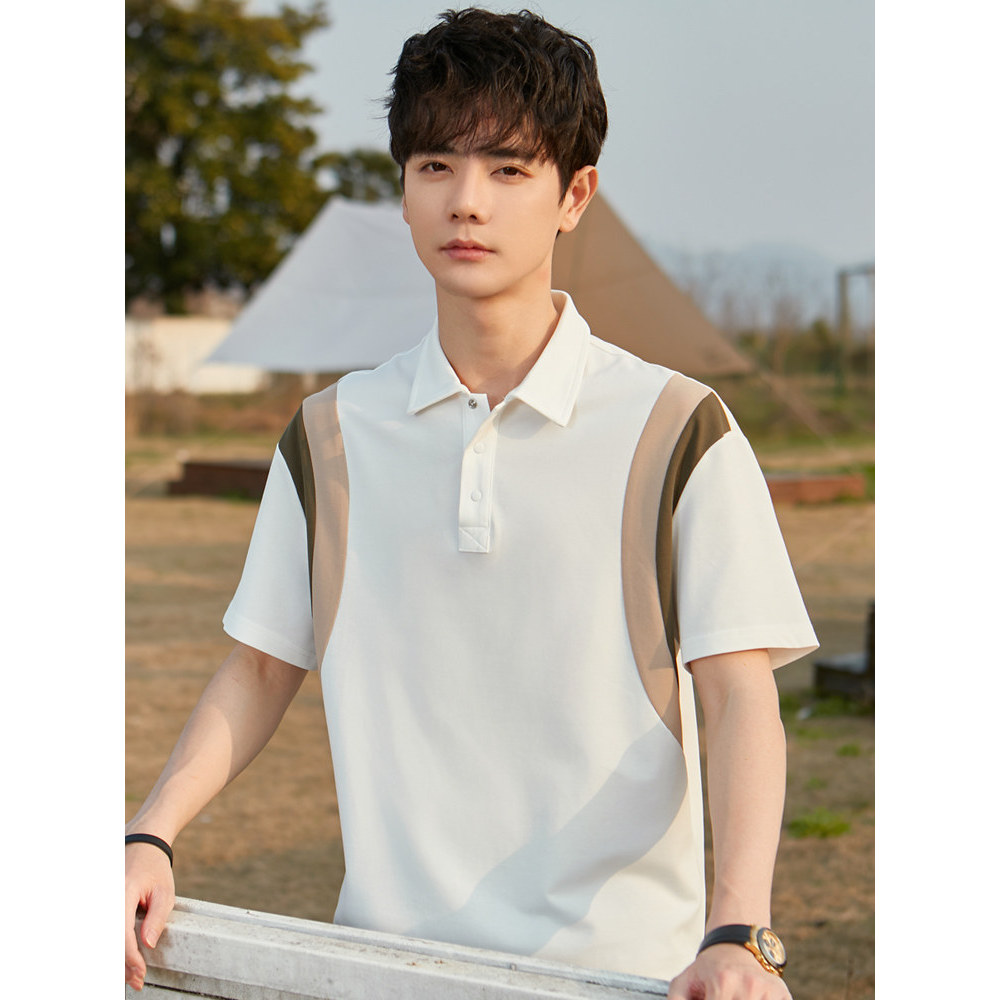 Verão contraste cor camisa POLO masculina de manga curta Street Wear gelo seda camiseta Casual solto costura meia manga