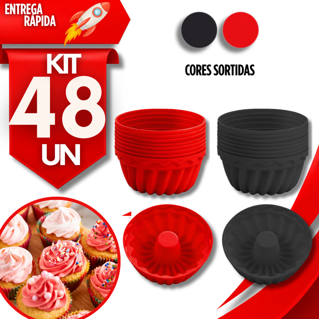 48 Kit Forma Silicone Cupcake Mini Bolo Muffin Pudim Com Furo Central Cor Sortida Utilidades
