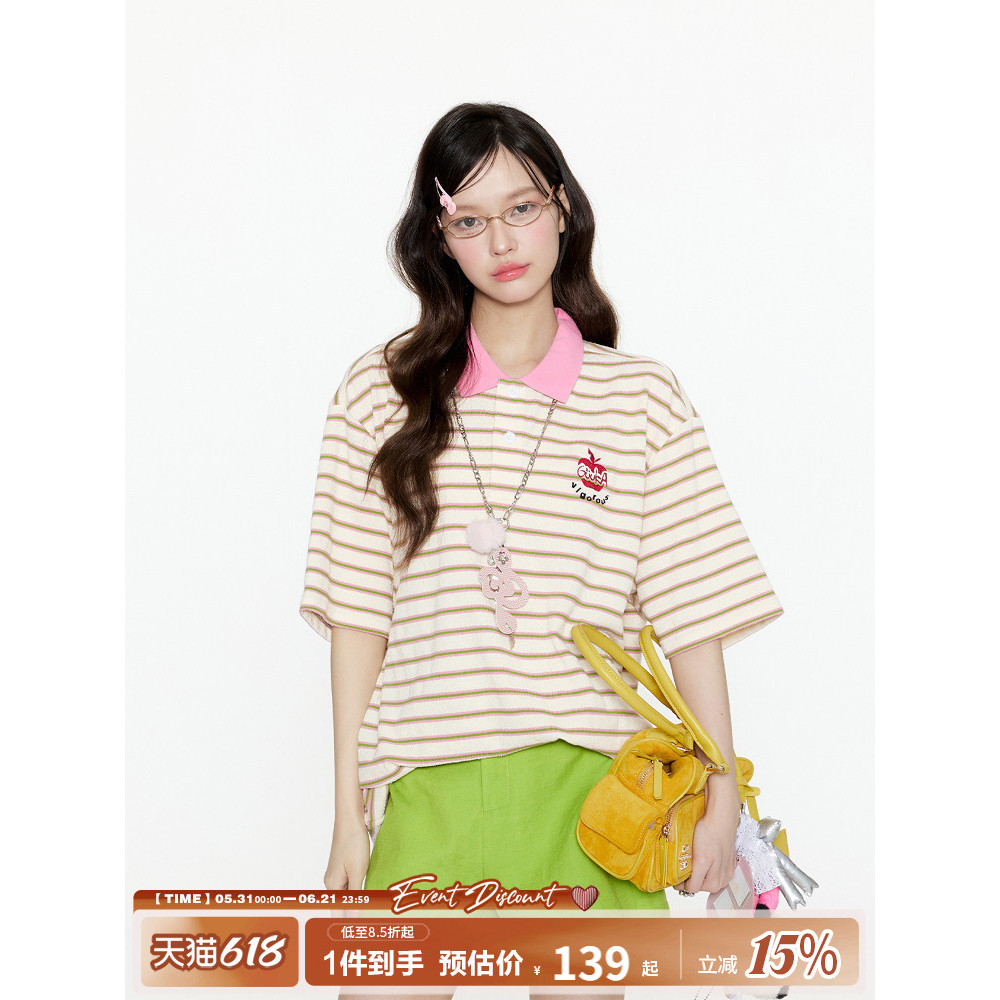 Guuka Street Wear rosa listrado ombro camisa polo feminina de manga curta camiseta verão novo estilo dopamina bordado to