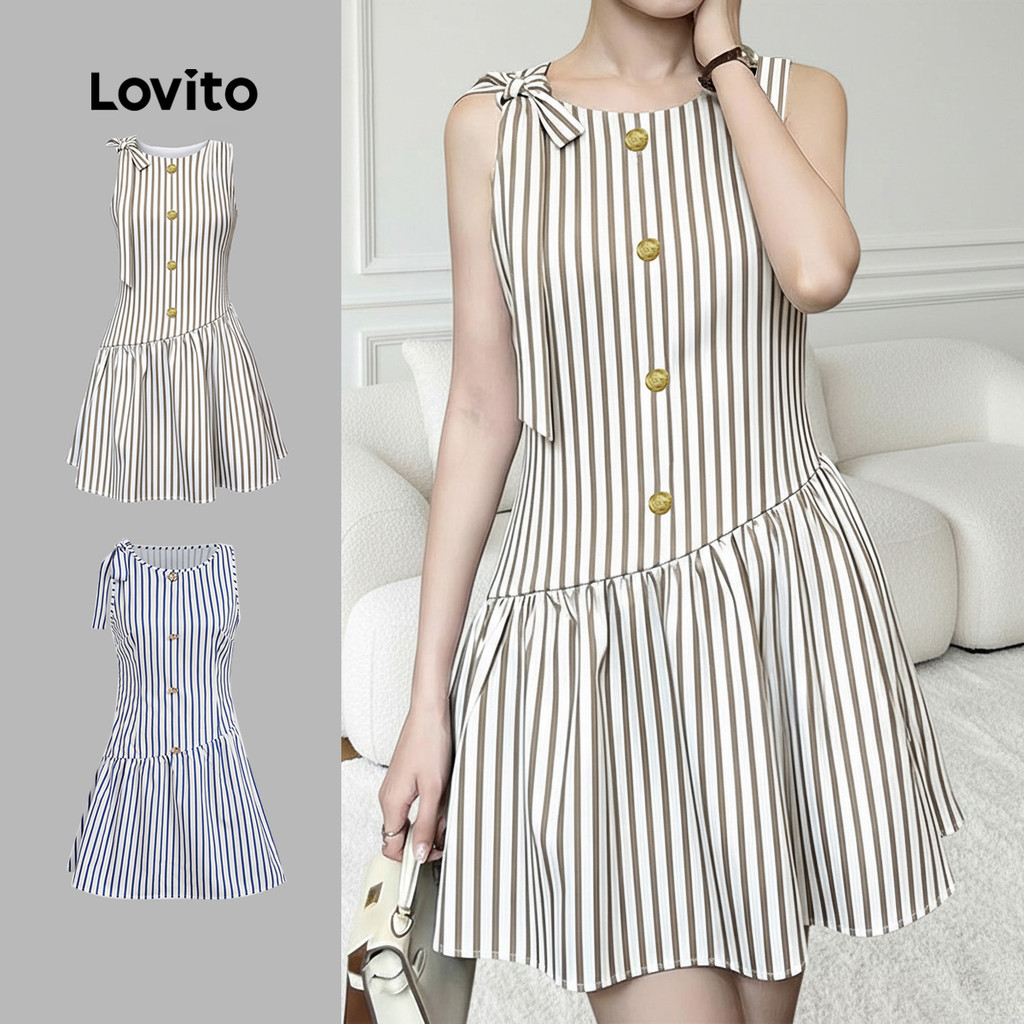 Lovito Listrada Casual Vestido Feminino com Laço Frontal Estampa Confortável e E