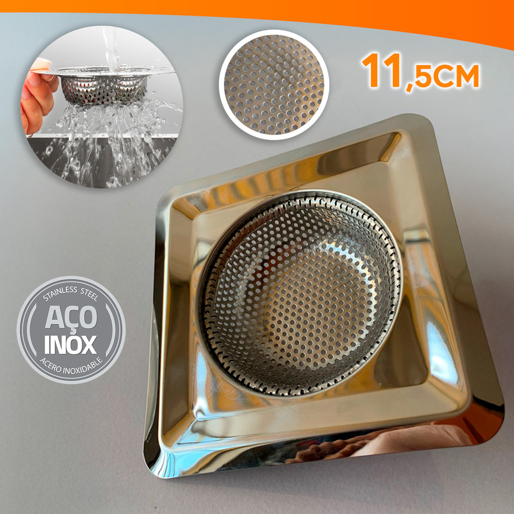 Ralo De Pia Com Borda Quadrada Aço Inox - 11,5cm em Oferta na Shopee