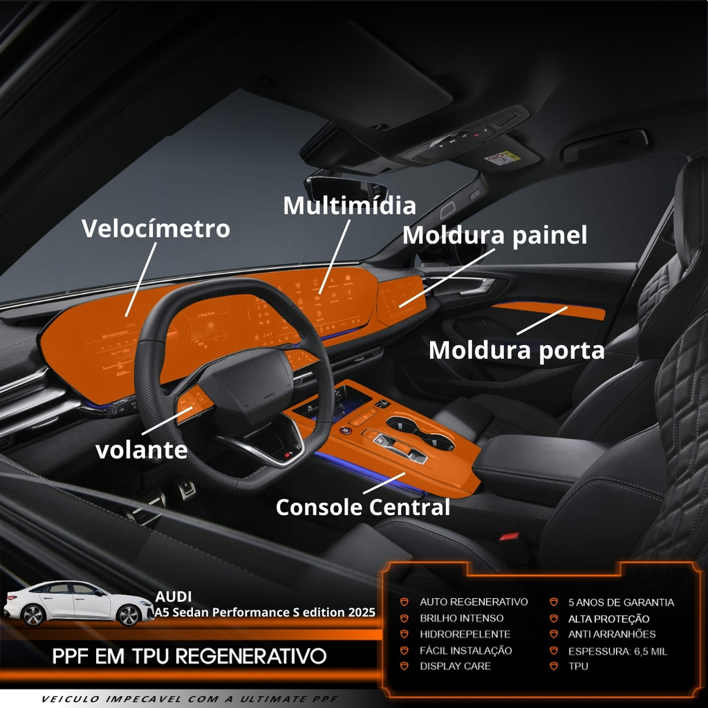 Película PPF Proteção Kit Interior Completo Audi A5 Sedan Performance S 2025 2026 Transparente TPU Anti Risco