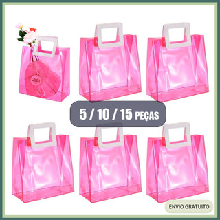 5/10/15 sacolas de presente com alça rosa em PVC sacolas de presente para festas sacolas plásticas 20x18x10cm