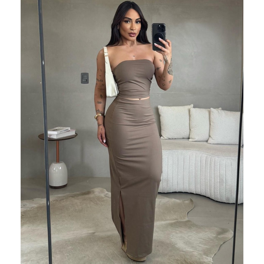 Conjunto Cropped Tomara que Caia + Saia Midi Fenda 36-42