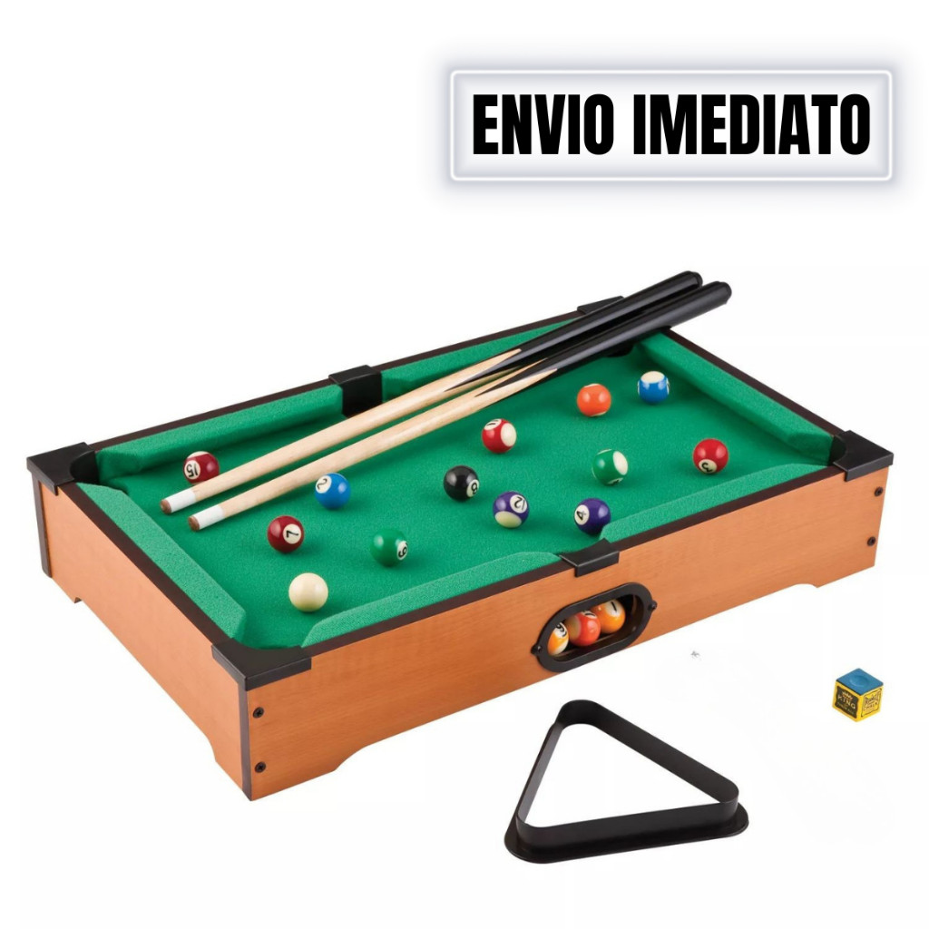 Mesa de Jogo de bilhar Pequena completa com tacos, bolas, giz e triangulo 50x31 cm