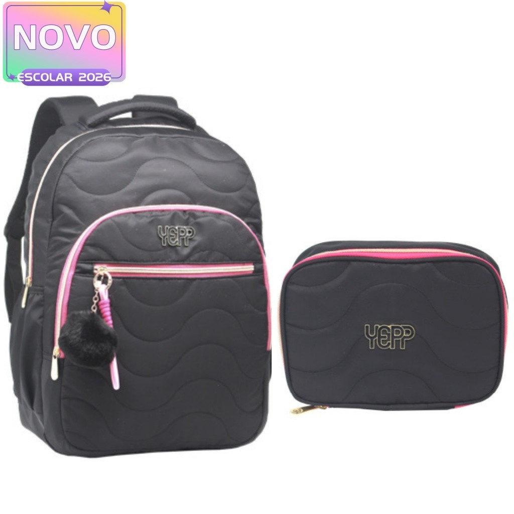 Kit Mochila De Costas Escolar Juvenil 18” Com Chaveiro Pompom E Corda Feminina Com Estojo em Oferta na Shopee