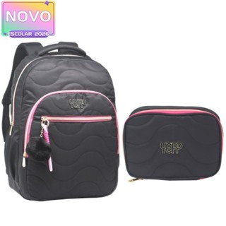 Kit Mochila De Costas Escolar Juvenil 18” Com Chaveiro Pompom E Corda Feminina Com Estojo em Oferta na Shopee
