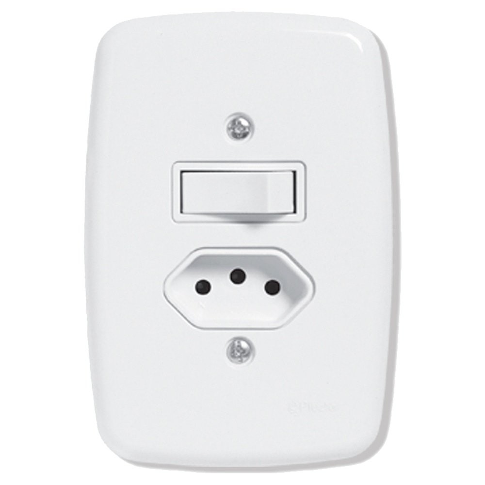 Interruptor Ideale Pluzie 1 Tecla Simples + 1 Tomada 2P+T - 10A com Placa 4X2 Branca