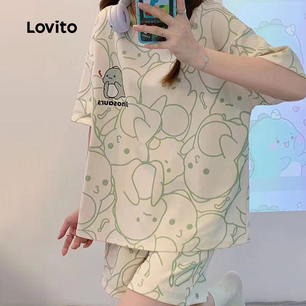 (NEW) Lovito Conjuntos de Pijama Casuais Primavera/verão Conjuntos de Pijama Verde Claro para Mulheres LNE113171 em Oferta na Shopee
