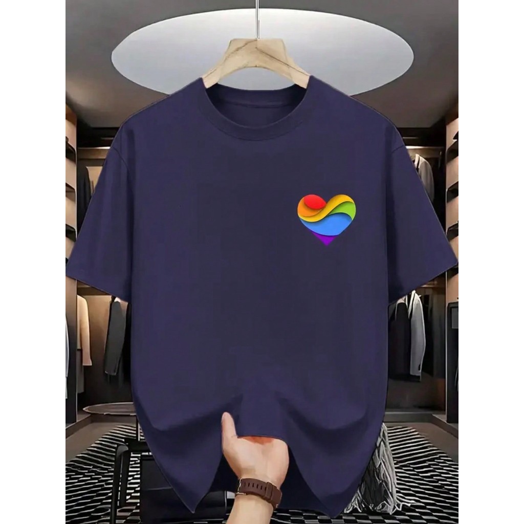 Camiseta Masculina Manga Curta Estampa Gráfica Coração Colorido Camisa Casual Versátil Confortável Esportiva 