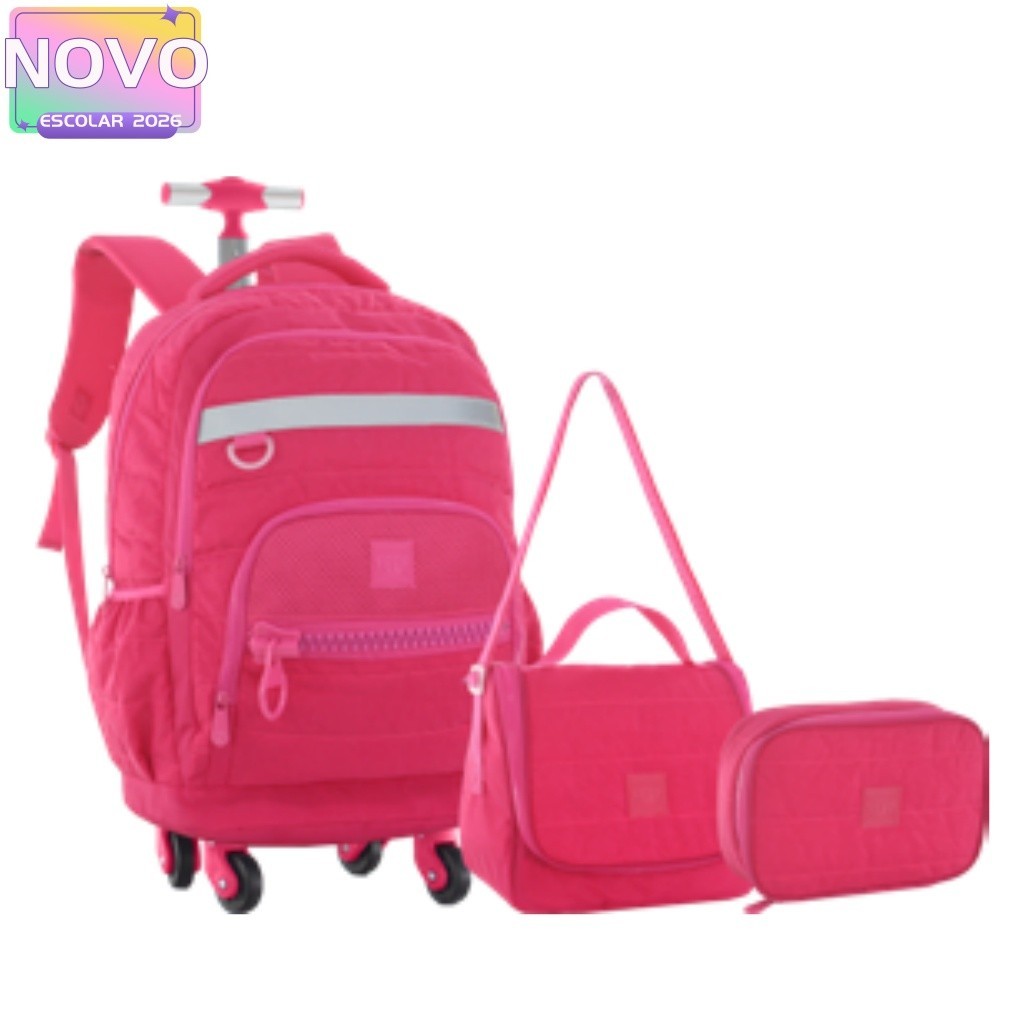 KIT de Mochila G 4 Rodas 360°Juvenil Estilosa Cor Pink Roxo Desenho do tecido Matelassê Lancheira Térmica e Estojo