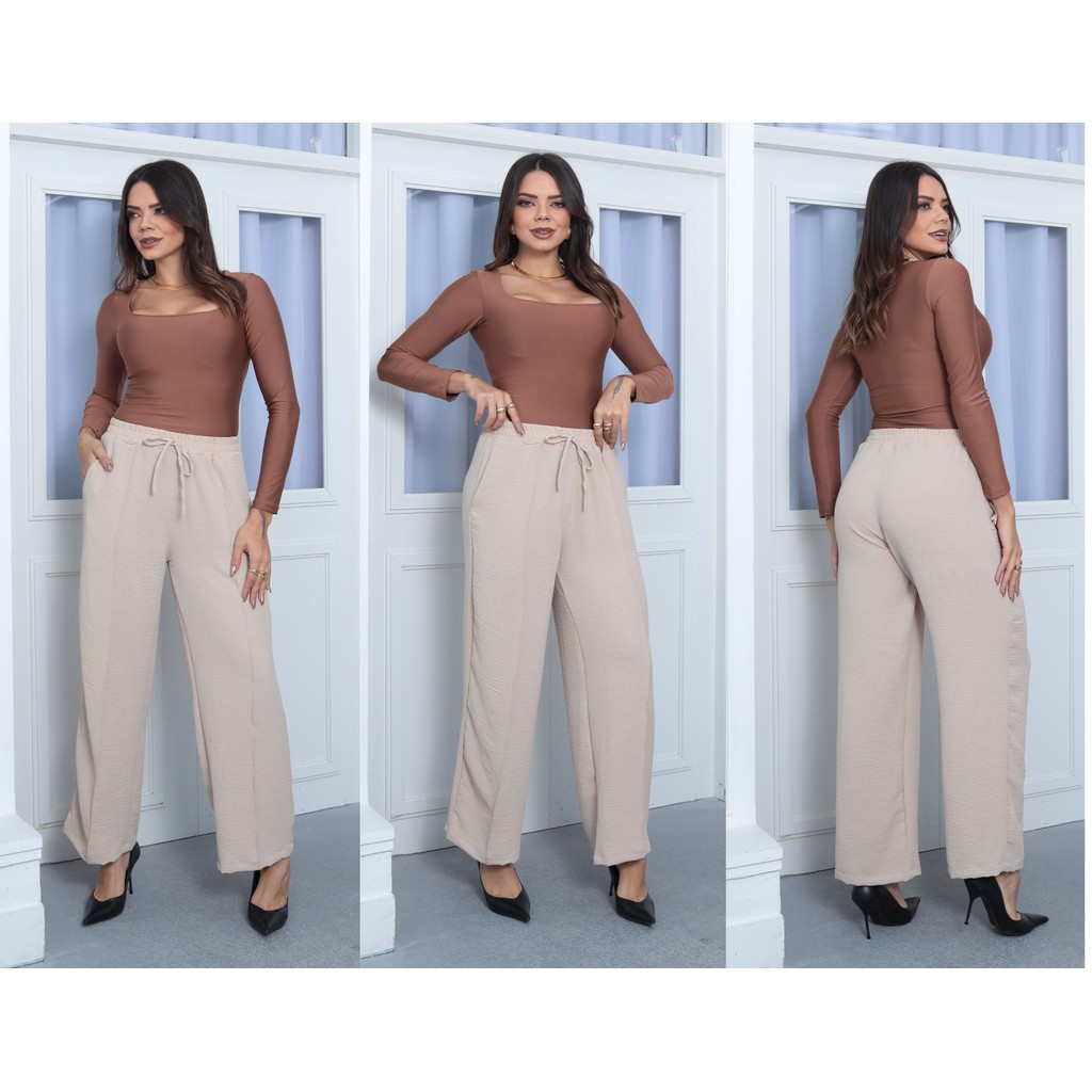 Calça Wide Leg Duna Feminina  Cintura Alta, Pantalona Elegante com Bolso Funcional Casual
