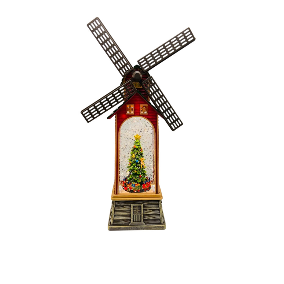 Luminária Moinho Árvore de Natal Decoração Natalina Efeito Neve com Luz LED Música USB