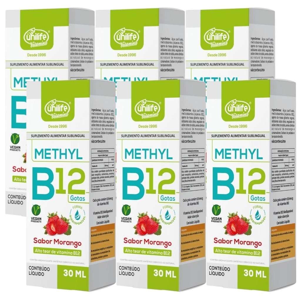 6Uni Líquido Methyl Vitamina B12 Sabor Morango De 30ml Cada