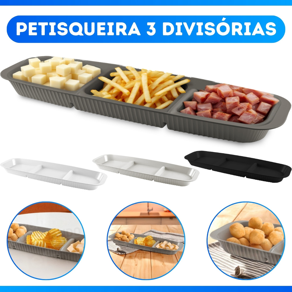 Bandeja Petisqueira Plástico 3 Divisórias - RESISTENTE - Porções Frios 46x14cm - MENOR PREÇO