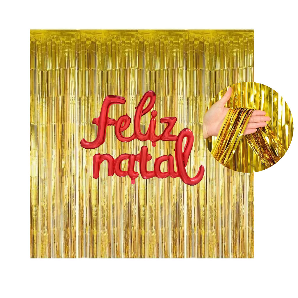Kit Decoração Natal Cortina e Feliz Natal Vermelho Metalizado Festa Papai Noel Dourado