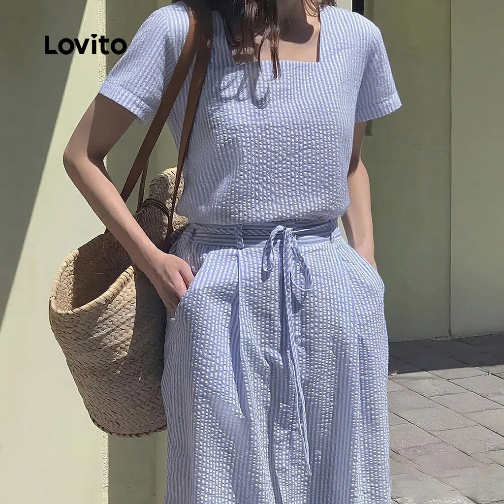 Lovito Vestido Casual de Primavera/verão Azul para Mulher com Atenção e Corselete de Amarrar em renda L154LD358 em Oferta na Shopee