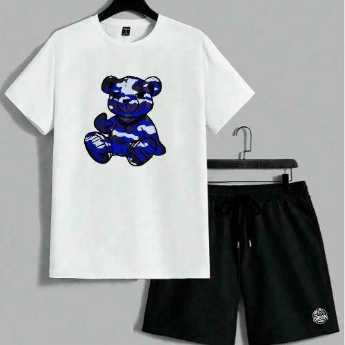 Conjunto Urso Camuflado Azul Camiseta Algodão + Short Moletom Masculino Adulto Moda Casual Estilo Esportivo