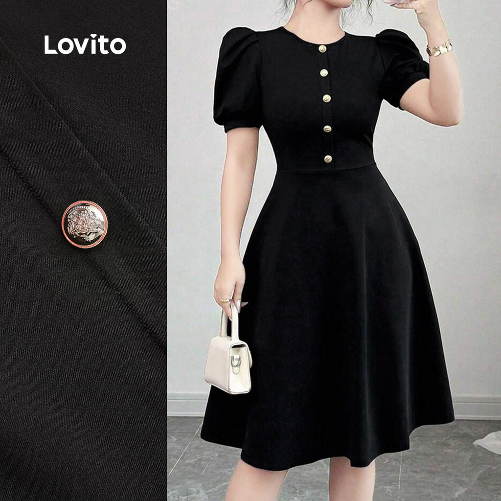 (NEW) Lovito Vestido Elegante com Botão Primavera/verão Vestido Preto para mulheres L155AD1723