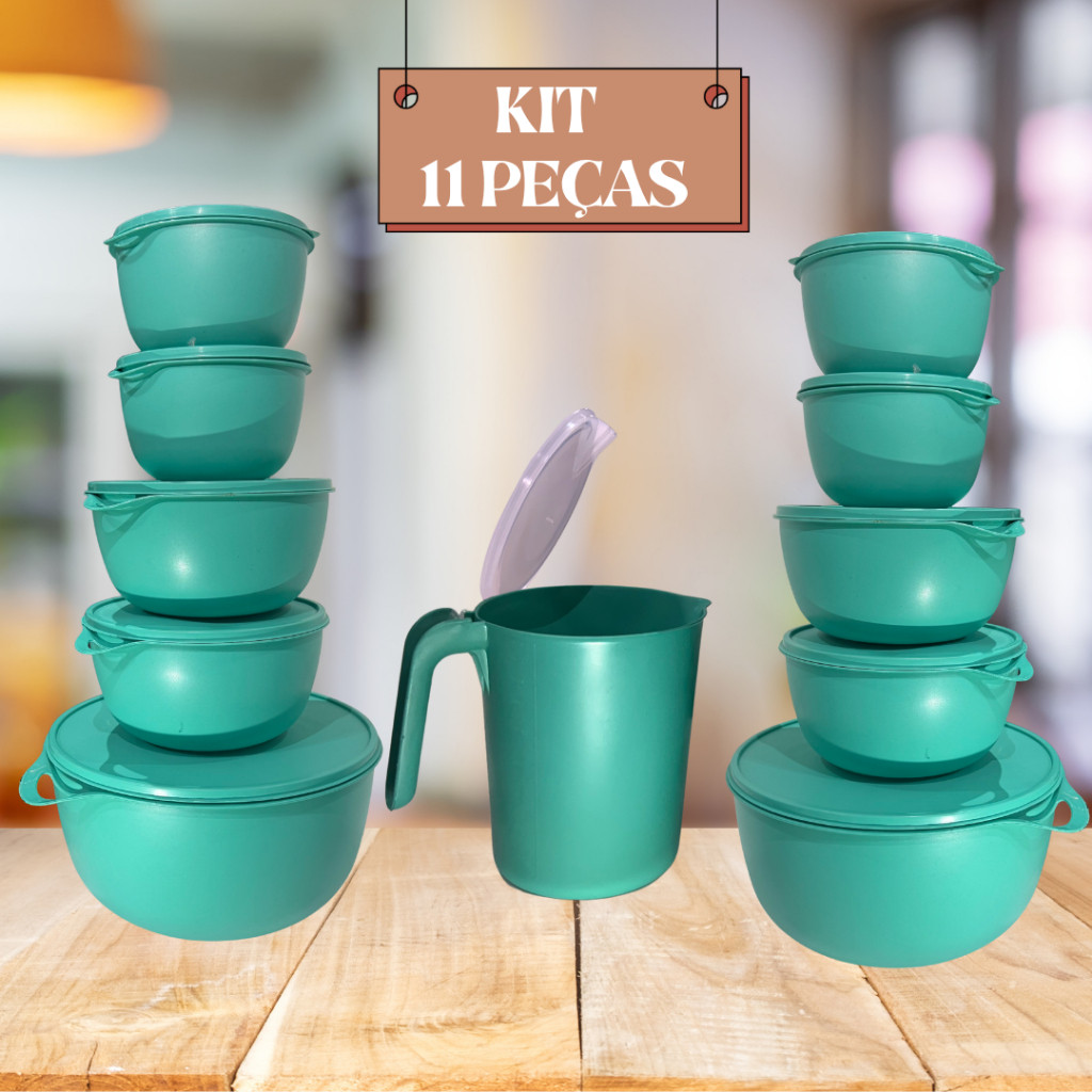 Kit Jogo De Potes Bowls Para Cozinha 11 Peças De Plastico Hermetico P/ Armazenar Alimentos Com Jarra
