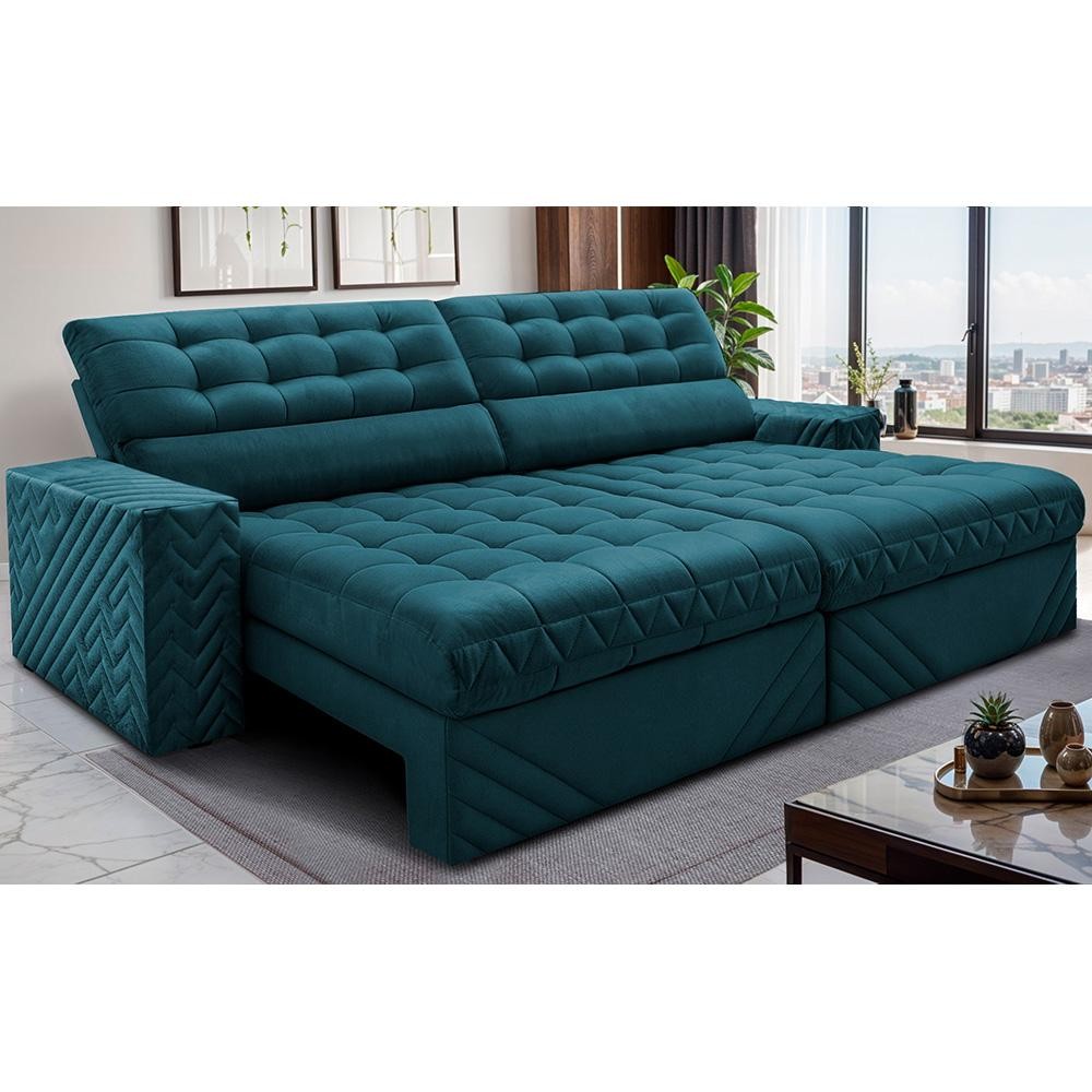 Sofá Retrátil e Reclinável 2,30m Molas Ensacadas Max Spring Velusoft Petróleo Cama inBox em Oferta na Shopee