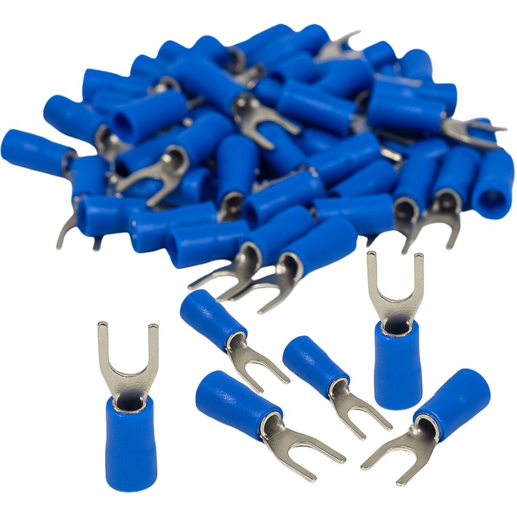 TERMINAL ELÉTRICO FORQUILHA AZUL 1,5MM 2,5MM M4 PRÉ ISOLADO KIT 200 PEÇAS CONECTOR GARFO AUTOMOTIVO