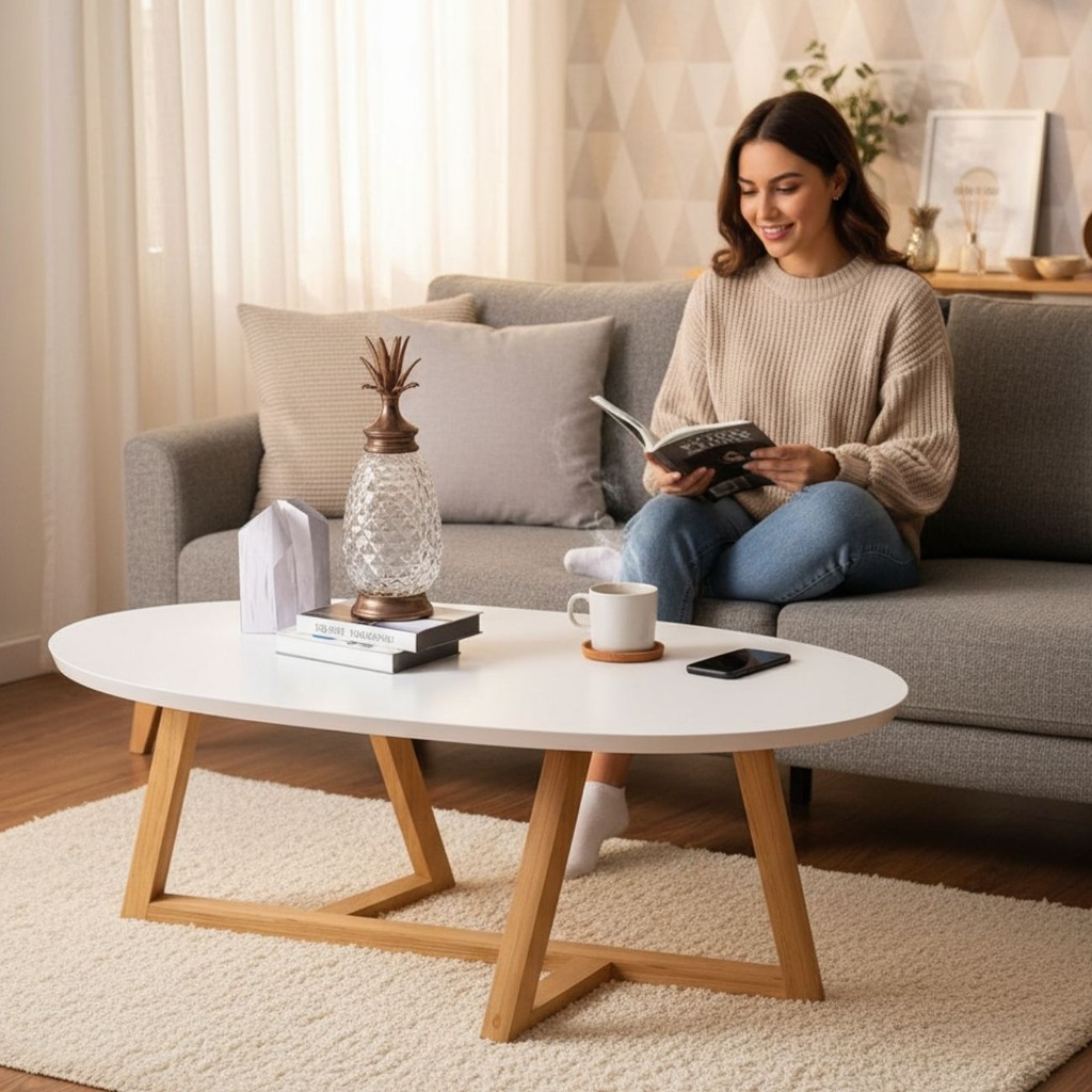 PROMOÇÃO Mesa de Centro Oval 90cm MDF e Pinus Classica com Pés Taeda Madeira Maciça P/ Sala Recepção em Oferta na Shopee