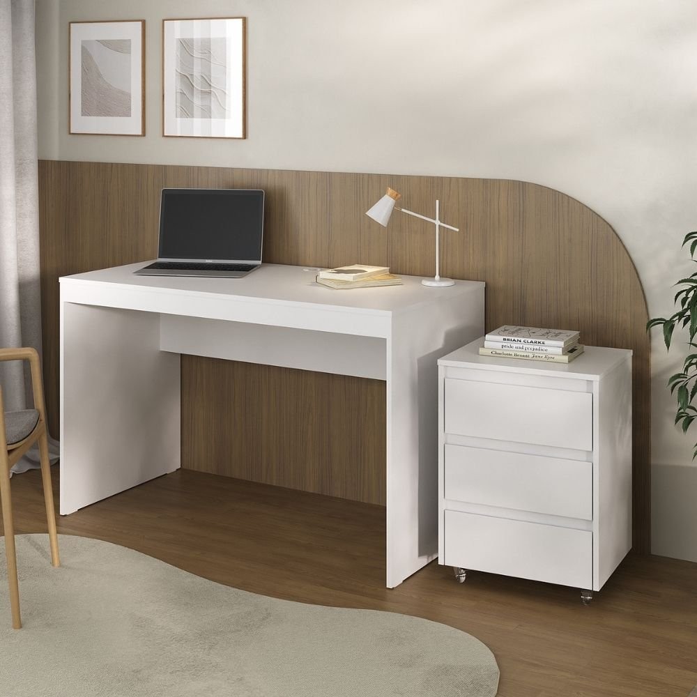 Conjunto Escrivaninha Mesa e Gaveteiro com Rodízios 3 Gavetas 120cm Cáli Branco em Oferta na Shopee