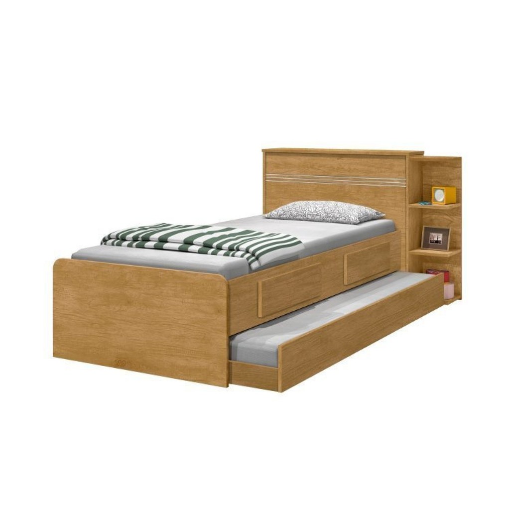 Cama Solteiro com Baú 2 Gavetas e Cama Auxiliar Jade