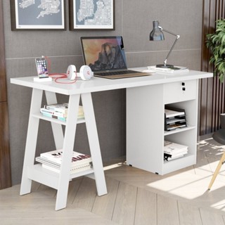 Escrivaninha Mesa Escritório Cavalete 1 Gaveta com Chave 4 Prateleiras 135cm Bali Branco em Oferta na Shopee