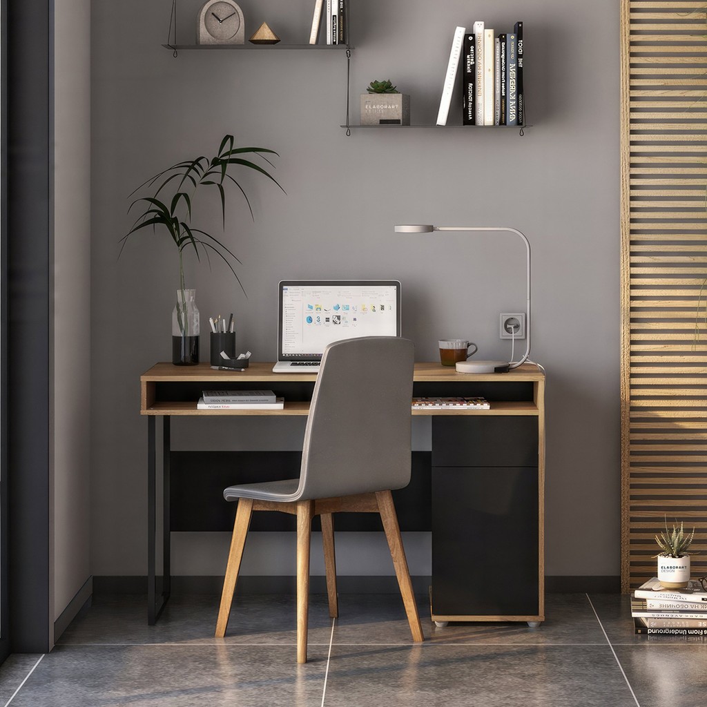 Escrivaninha Mesa Escritório 120cm 1 Porta 1 Gaveta Chicago Aveiro/Preto em Oferta na Shopee