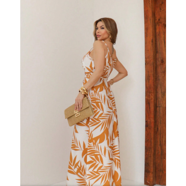 Vestido Jumpsuit Chique e Elegante Estampa Folhagens, Roupa de Passeio e Festa com Amarração na Cintura — imagem 2 de 2