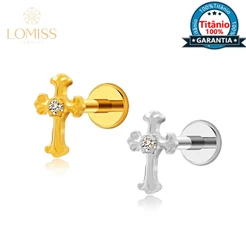Piercing Labret Orelha Titânio Pvd Cruz Com Zircônias Cravejada Para Lábio Cartilagem Helix Tragus Conch Nariz e Boca