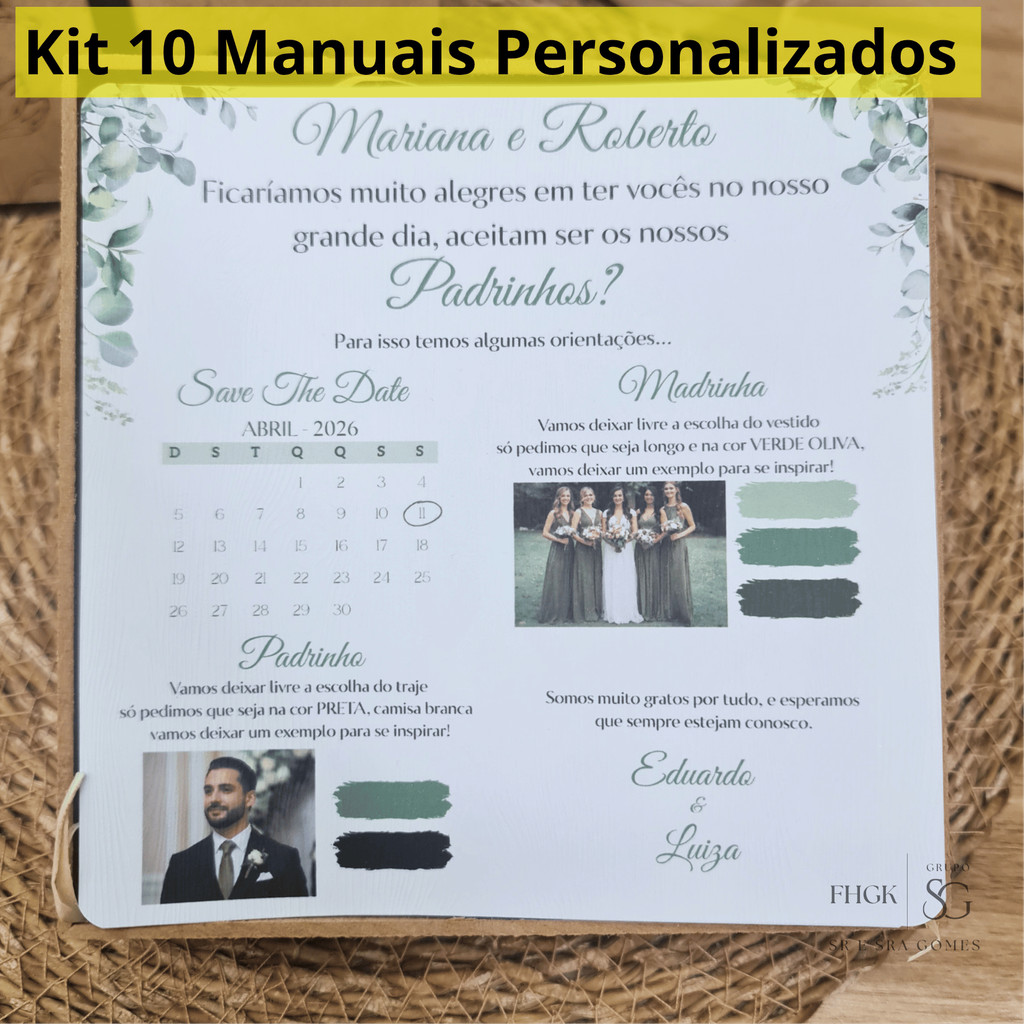 Kit 10 Manuais de Padrinhos Personalizado de 1 pagina ideal para caixas 15x15