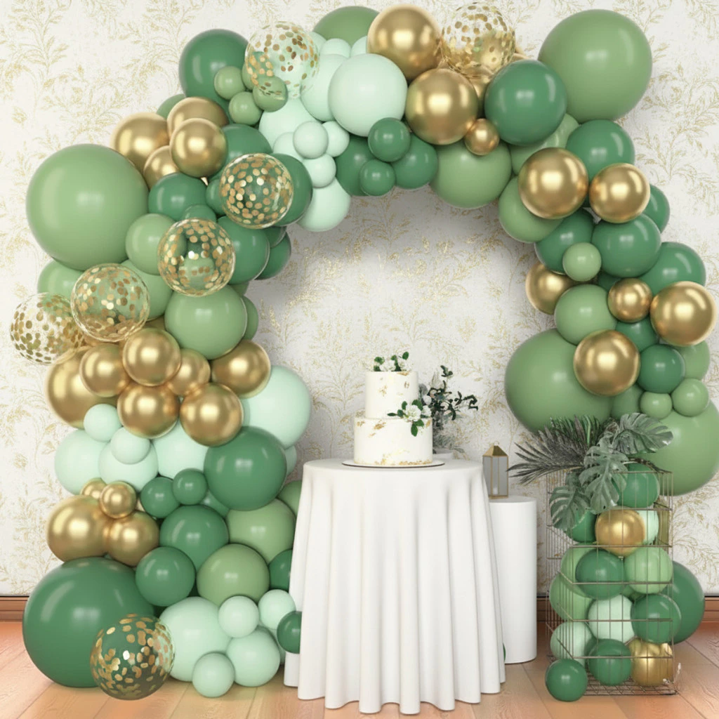 Kit 140 Balões Arco Desconstruído Verde Dourado Bexiga Cromado Decoração Festa Infantil Guirlanda — imagem 1