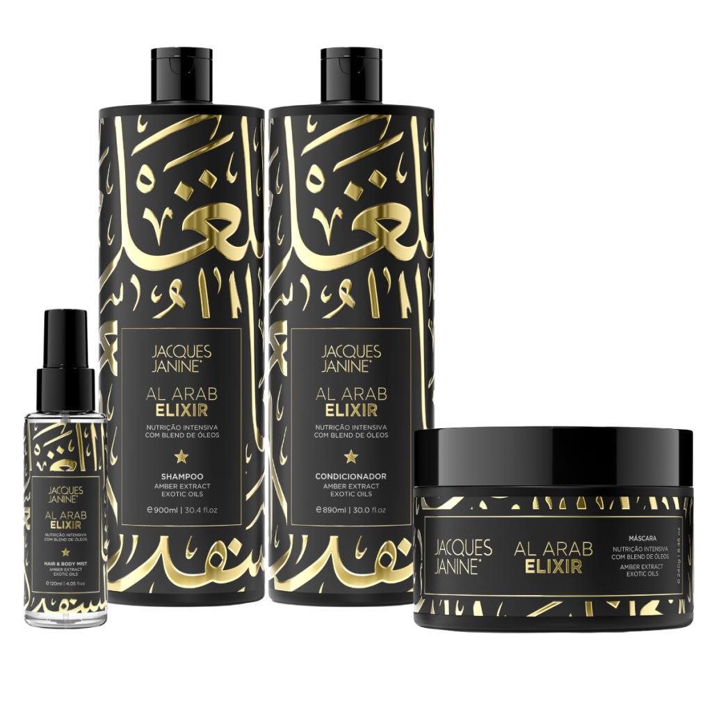Kit Jacques Janine Al Arab Elixir Shampoo 900ml Condicionador 890ml Máscara 240g Spray Hair & Body 120ml