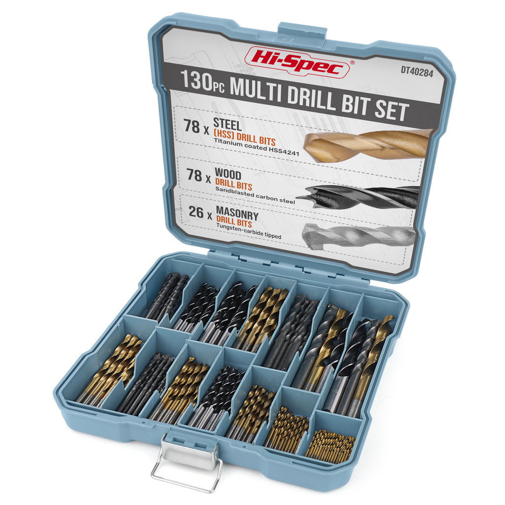 Conjunto de brocas Hi-Spec de 130 peças, brocas helicoidais, brocas planas para madeira, brocas para cimento, brocas par