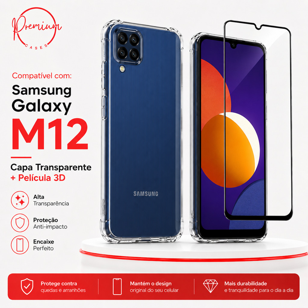 Capa Capinha Anti Impacto Para Galaxy M12 A12 + Película 3D Vidro Temperado
