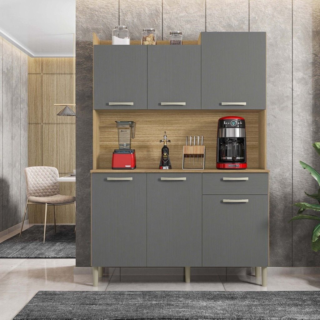 Armário de Cozinha 6 Portas 1 Gaveta Kit Gênova Cinza/Freijó/Gris Freijó/Gris