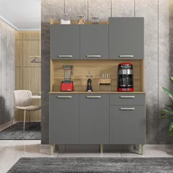 Armário de Cozinha 6 Portas 1 Gaveta Kit Gênova Cinza/Freijó/Gris Freijó/Gris