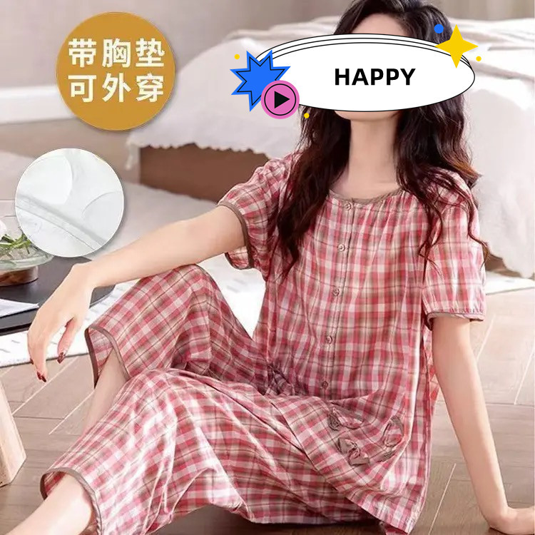 Pijamas femininos com almofadas no peito verão pode usar calças cortadas de manga curta Cardigan fino preguiçoso solto L