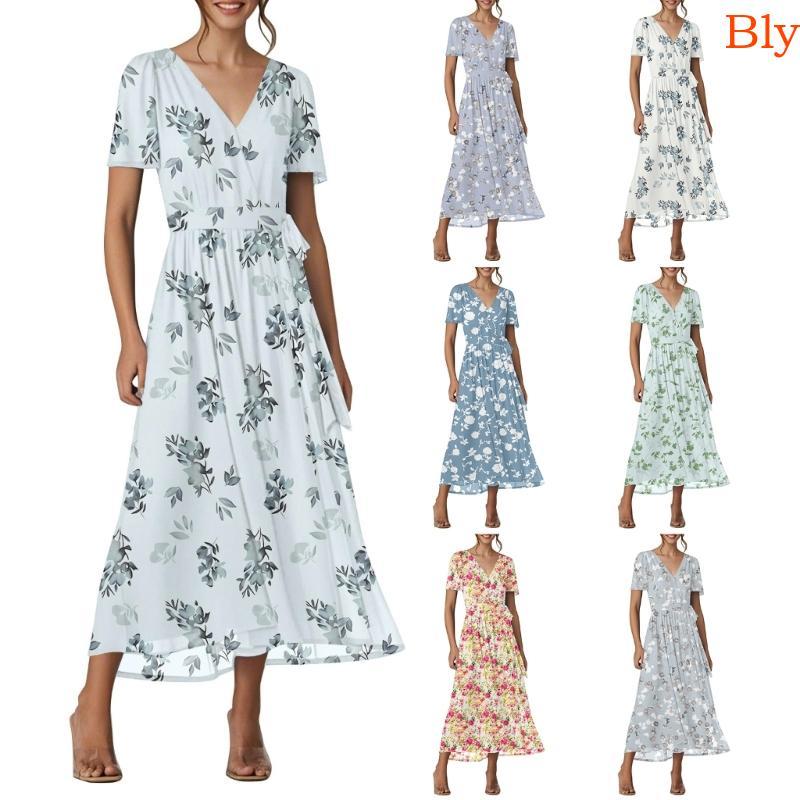Bly Vestidos Florais Longos E Fluidos Para Mulheres , Manga Curta , Decote Em V , Chiffon , Maxi Vestido De Praia , Féri