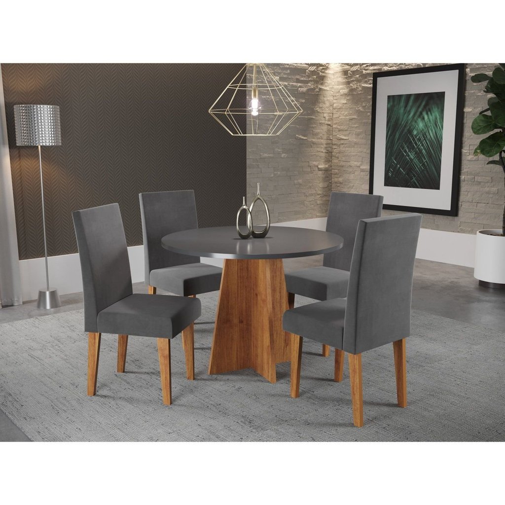 Conjunto Mesa de Jantar Redonda Spirit com 4 Cadeiras Cinza/Mel/Brilho/Grafite Mel/Cinza/Grafite