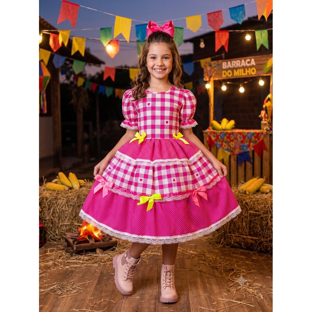 Vestido Infantil De Festa Junina Rosa Poá Xadrez Coração Junino Arraial Renda Babadinhos Menina Festas 4 Ao 12