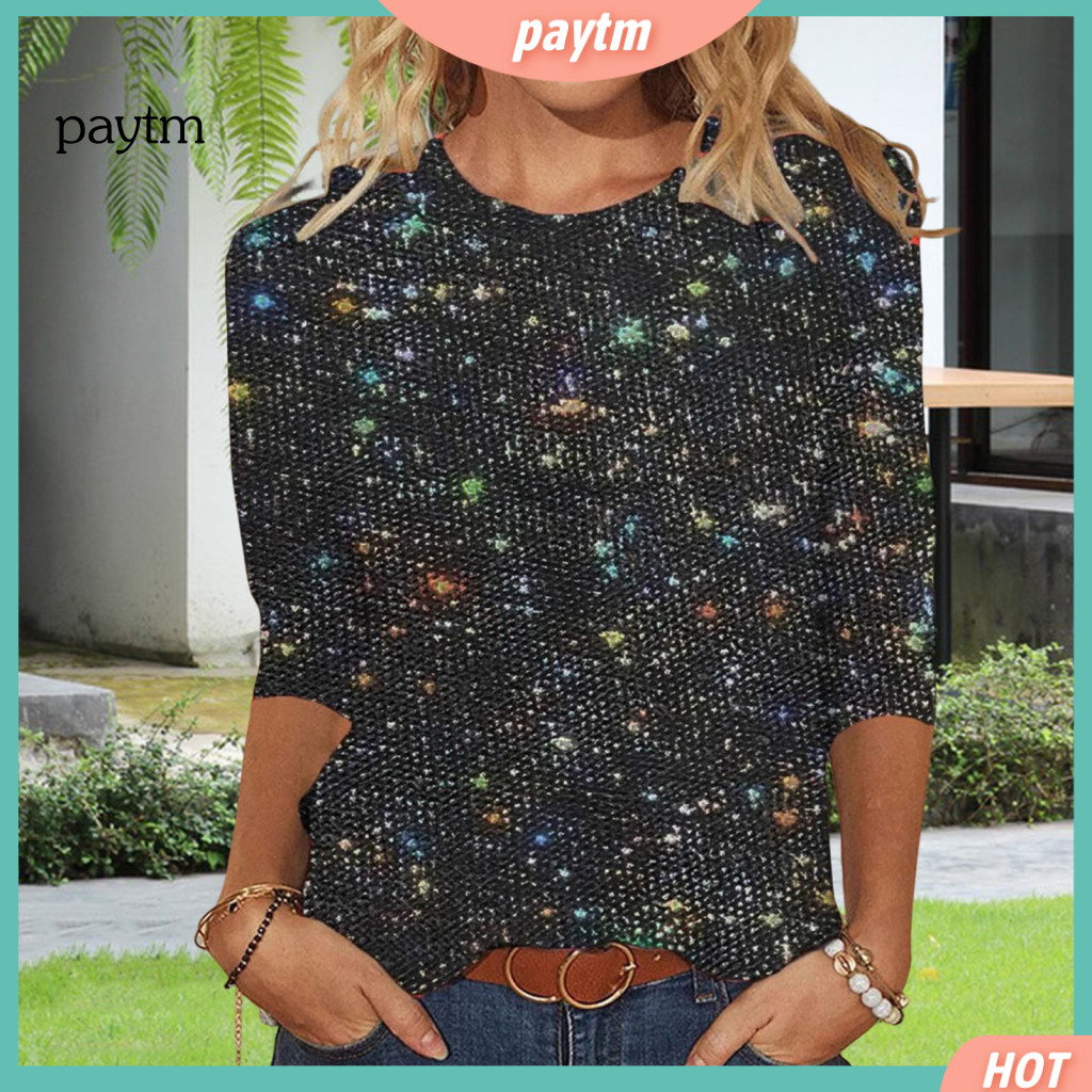 Soft Stretchy Women Blouse Sequin Detail Top Women’s Glitter Pullover 3/4 Sleeve Crew Neck Shiny Solid Color Sparkling