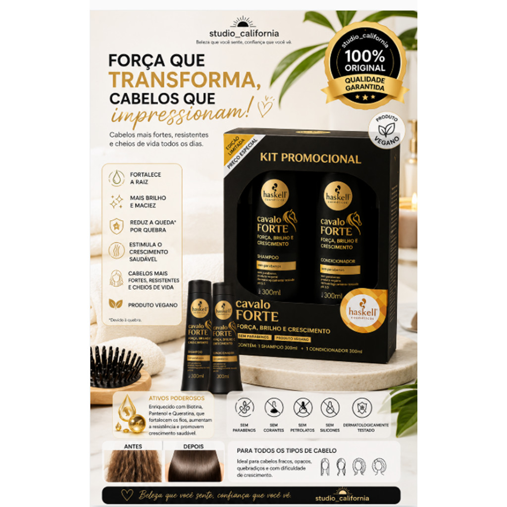 Kit Haskell Cavalo Forte Shampoo + Condicionador 300ml Crescimento Capilar Força Brilho, cabelo saudável Original
